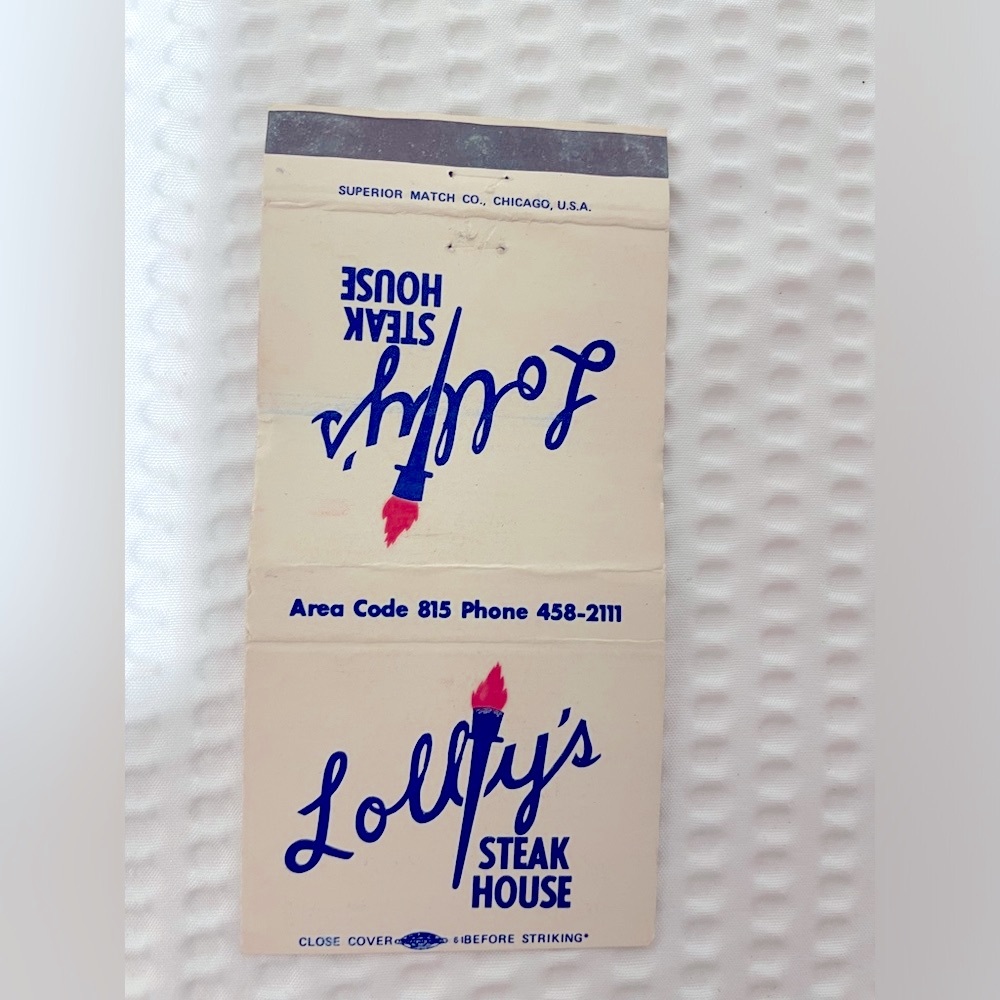 Matchbook restaurant Lolly’s  steakhouse Matchbox Illinois